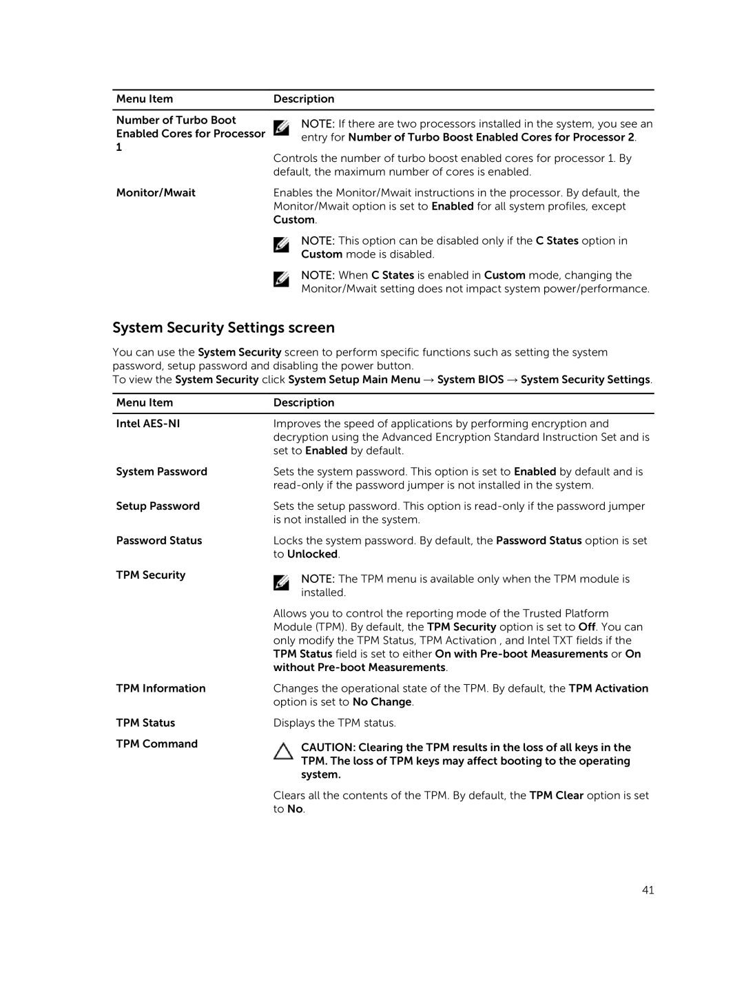 Dell E30S owner manual System Security Settings screen 