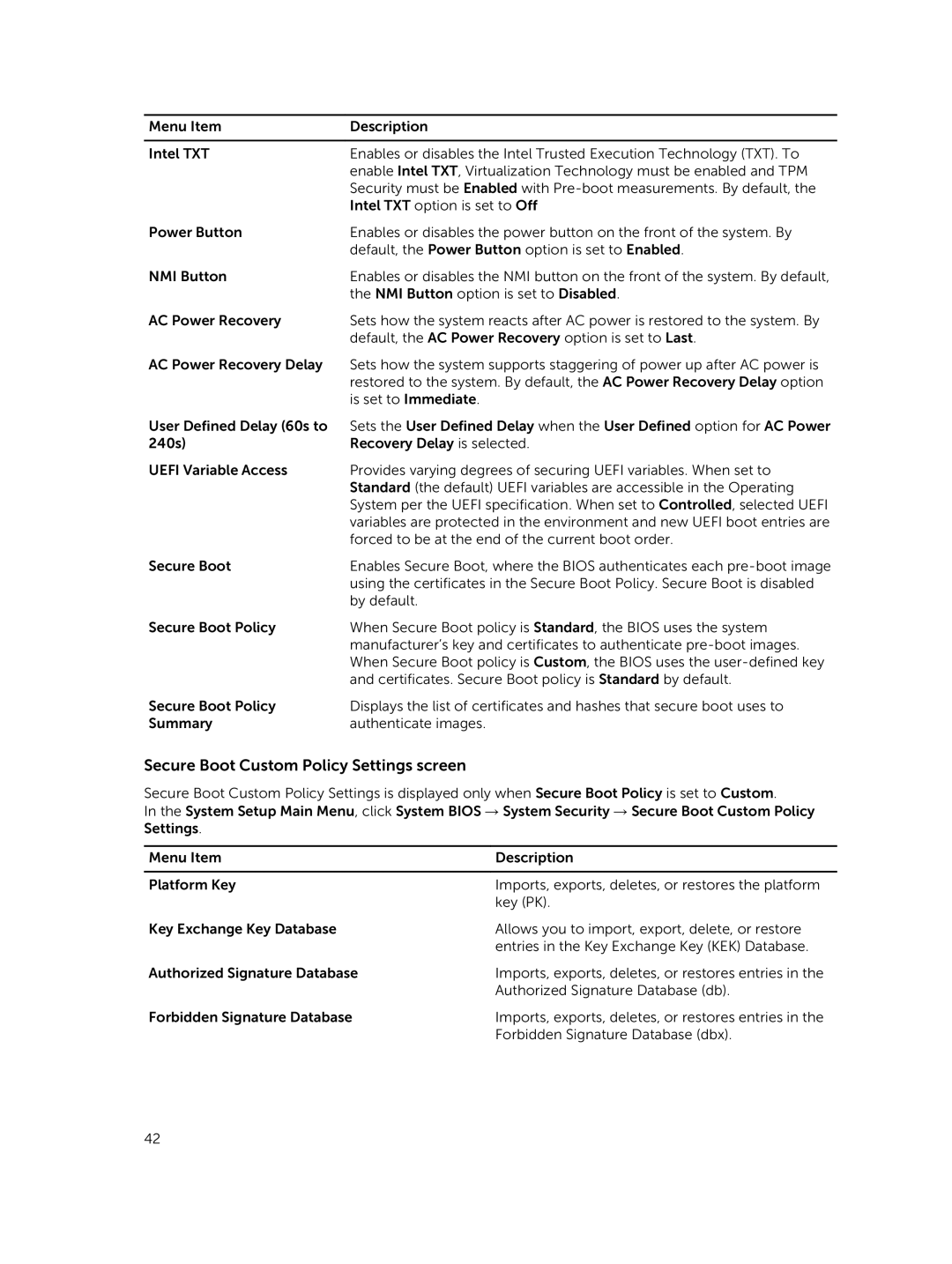 Dell E30S owner manual Secure Boot Custom Policy Settings screen 