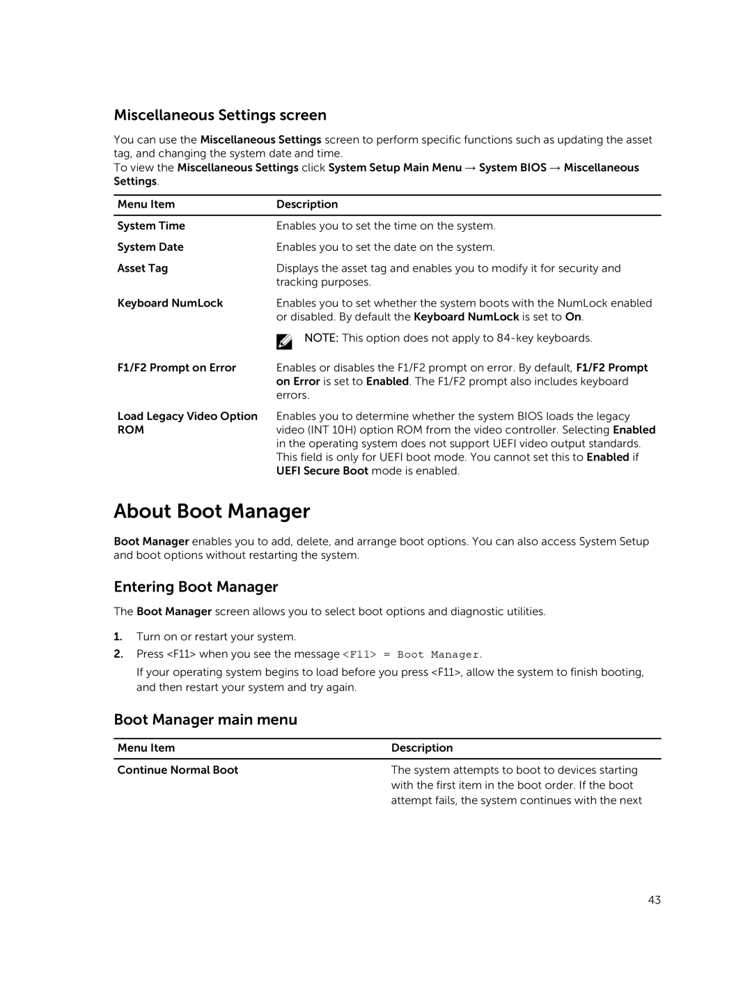 Dell E30S owner manual About Boot Manager, Miscellaneous Settings screen, Entering Boot Manager, Boot Manager main menu 