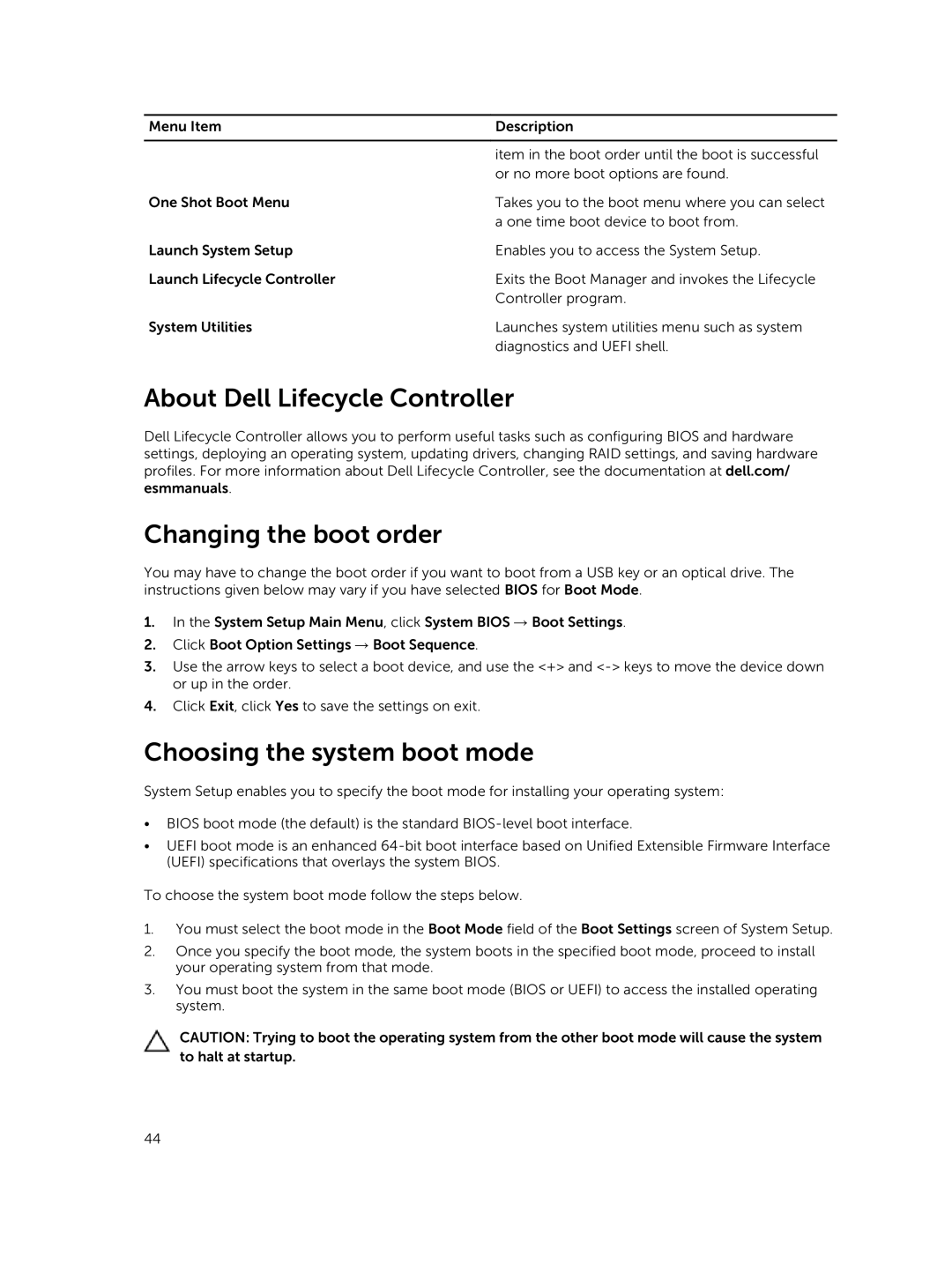 Dell E30S owner manual About Dell Lifecycle Controller Changing the boot order, Choosing the system boot mode 