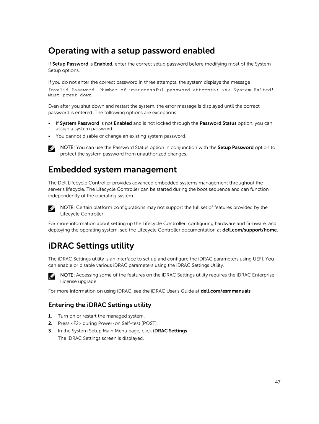 Dell E30S owner manual Operating with a setup password enabled, Embedded system management, IDRAC Settings utility 