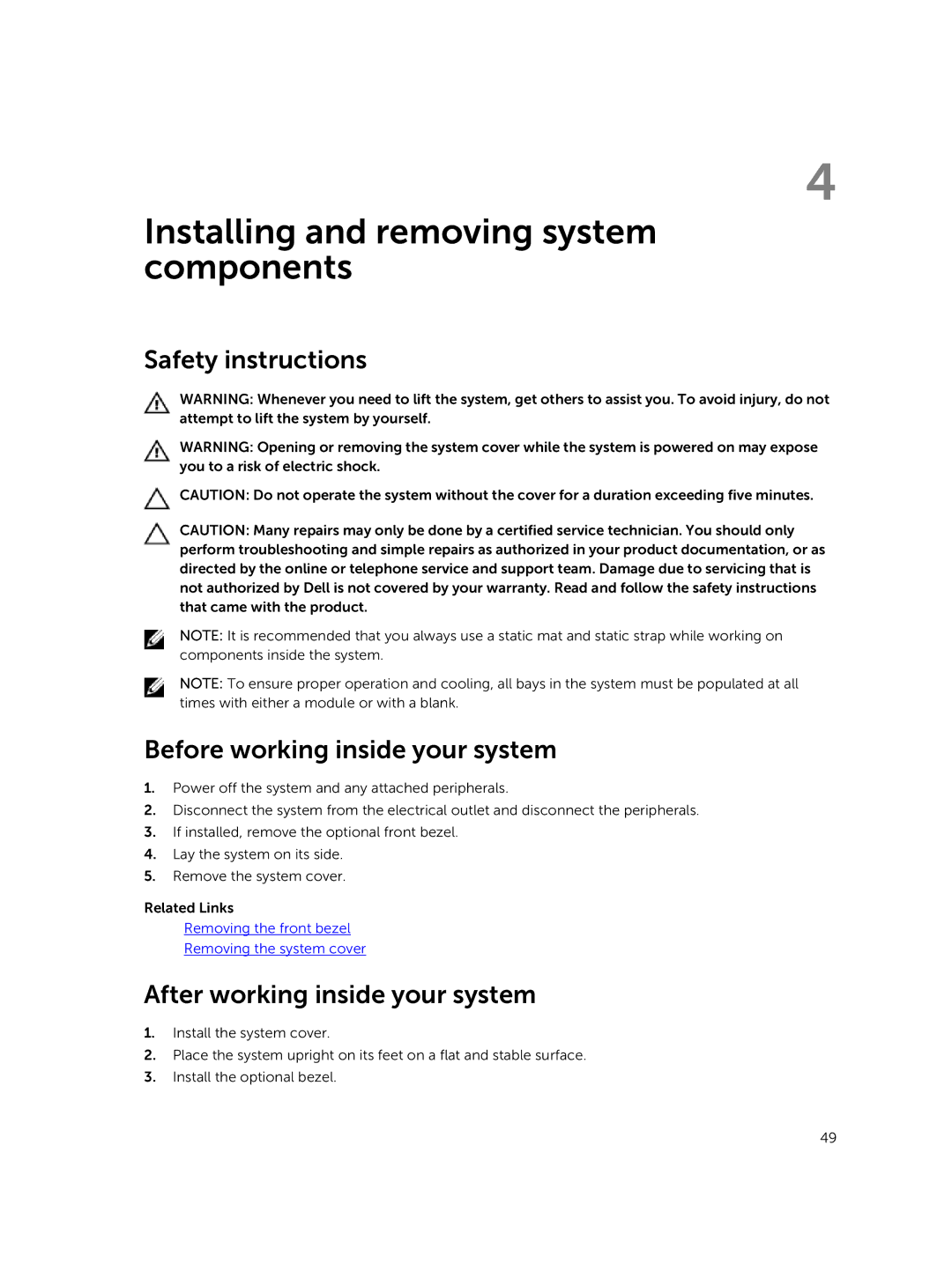 Dell E30S owner manual Safety instructions Before working inside your system, After working inside your system 