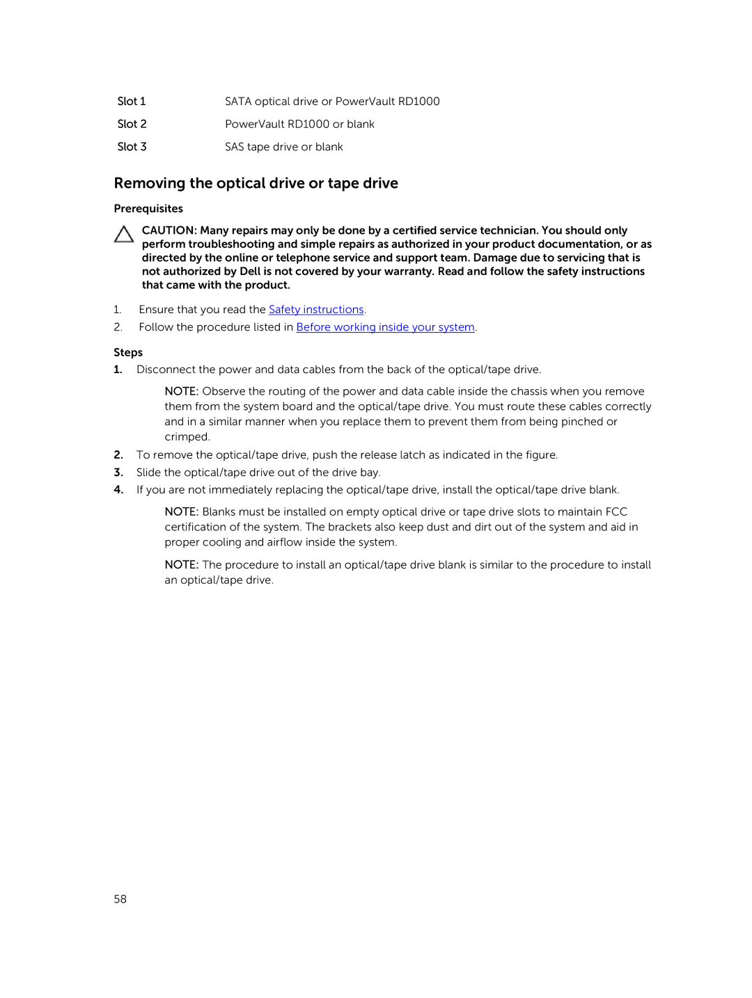 Dell E30S owner manual Removing the optical drive or tape drive 