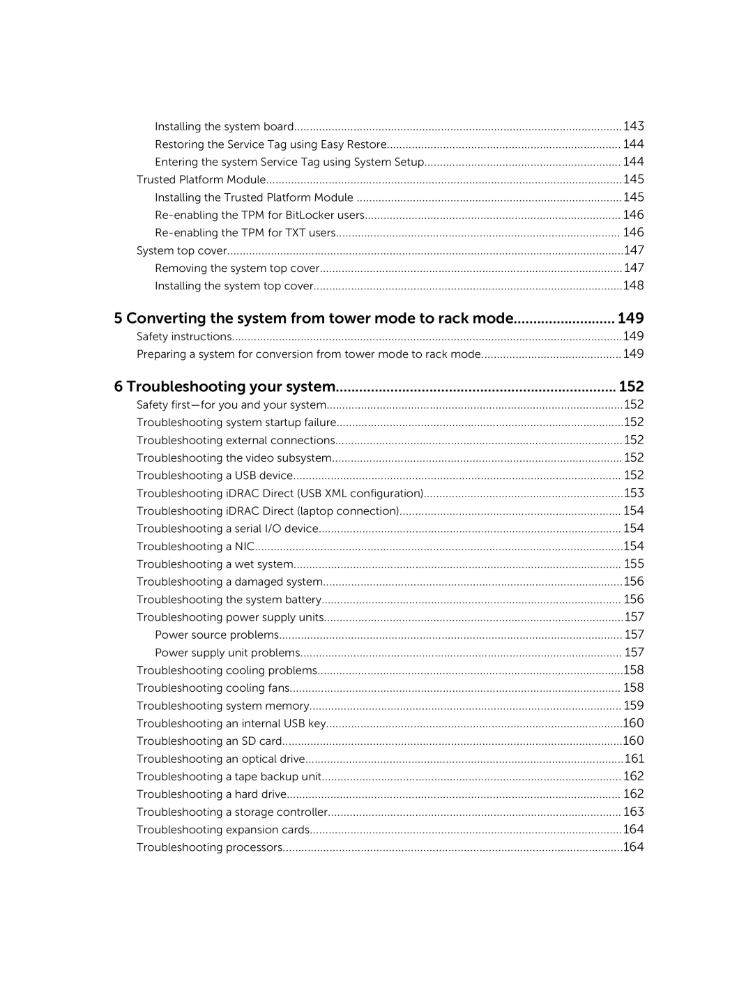 Dell E30S owner manual Converting the system from tower mode to rack mode 149, Troubleshooting your system 152 