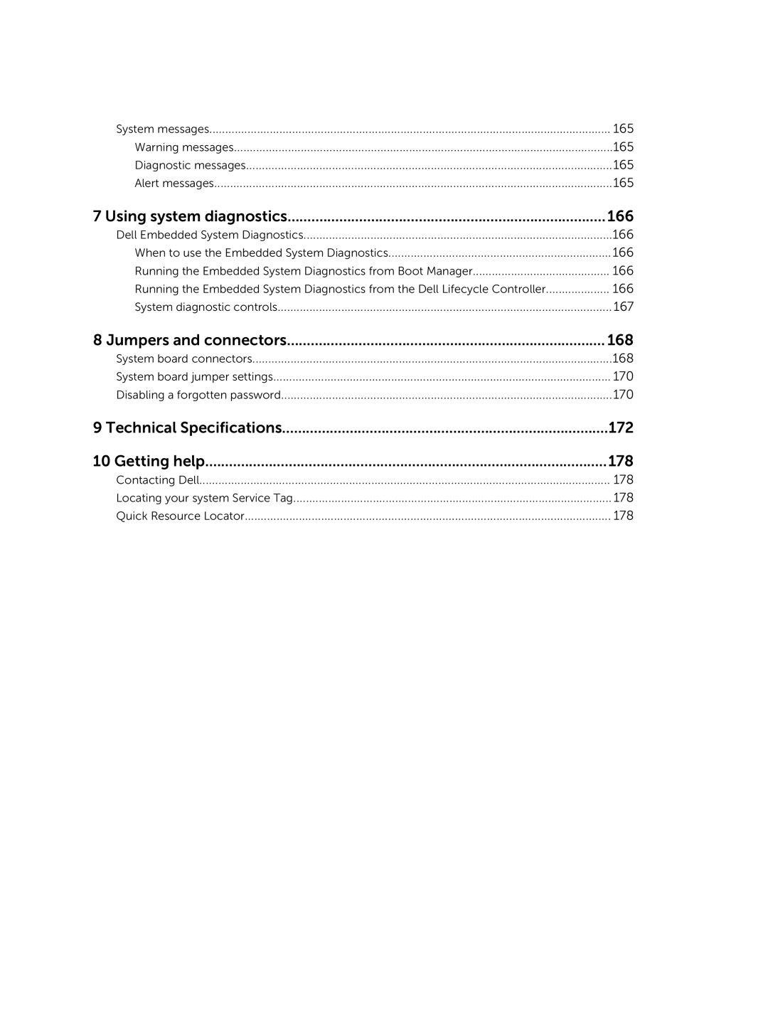 Dell E30S Using system diagnostics 166, Jumpers and connectors 168, Technical Specifications 172 Getting help 178 