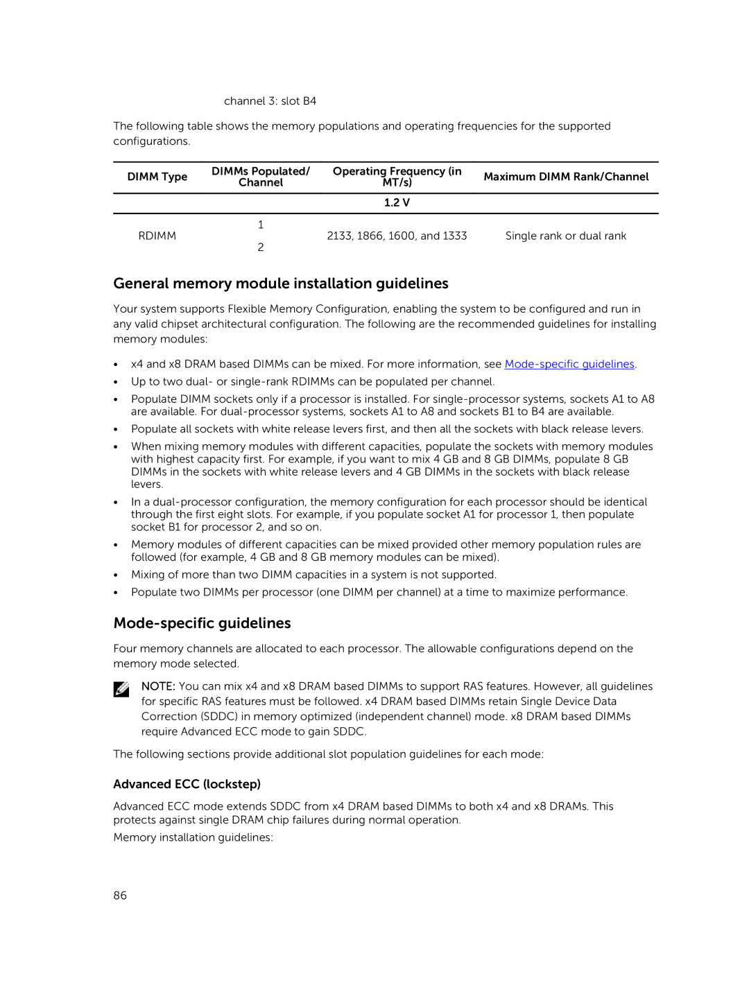 Dell E30S owner manual General memory module installation guidelines, Mode-specific guidelines 