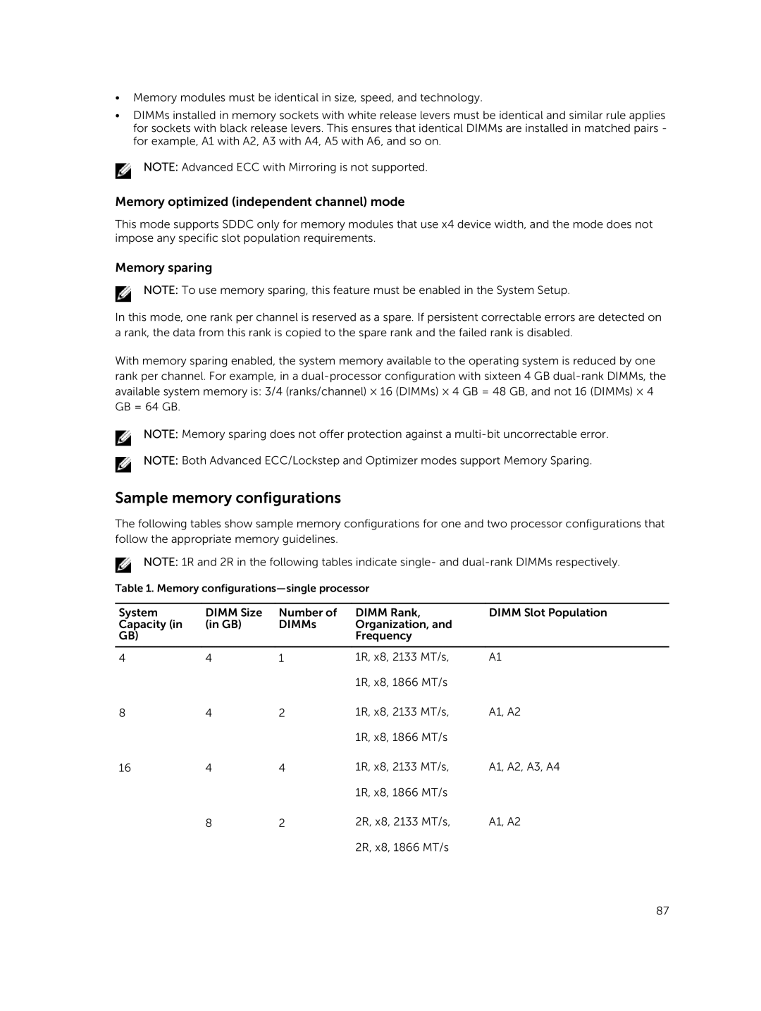 Dell E30S owner manual Sample memory configurations, Memory optimized independent channel mode 