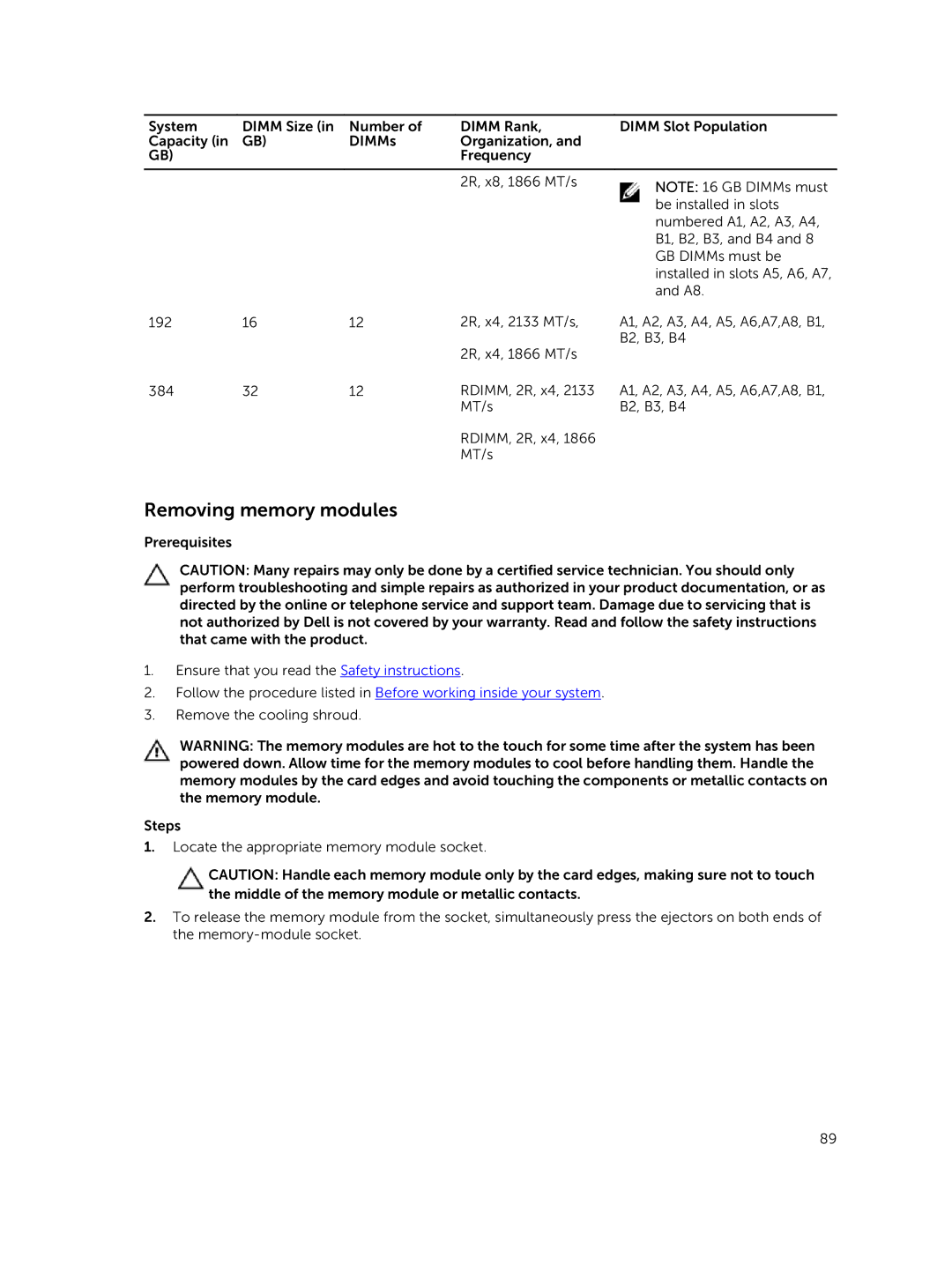 Dell E30S owner manual Removing memory modules 