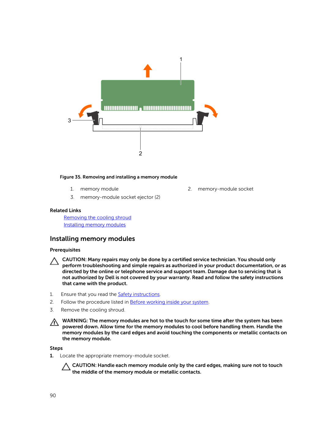 Dell E30S owner manual Installing memory modules, Removing and installing a memory module 