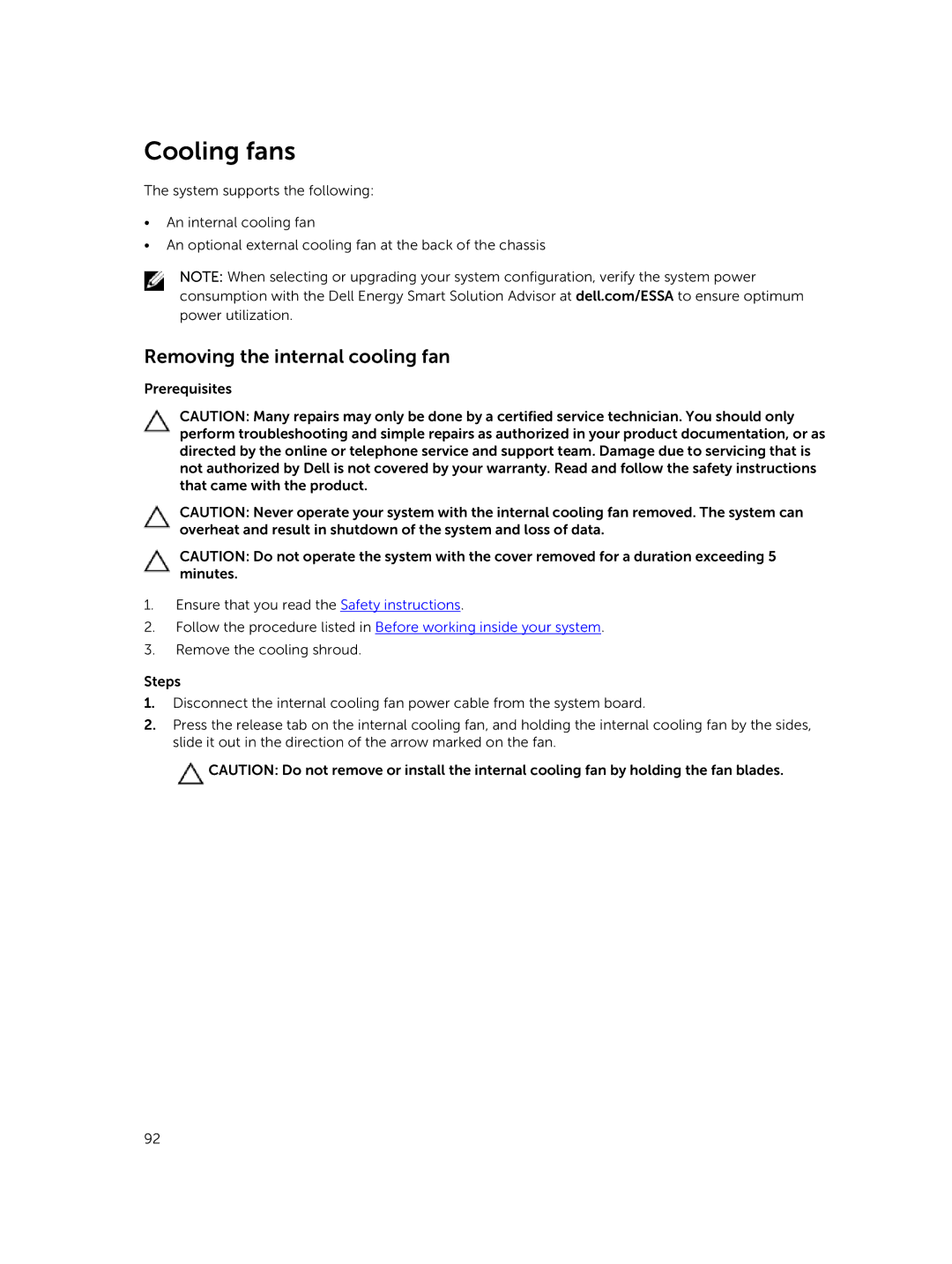 Dell E30S owner manual Cooling fans, Removing the internal cooling fan 