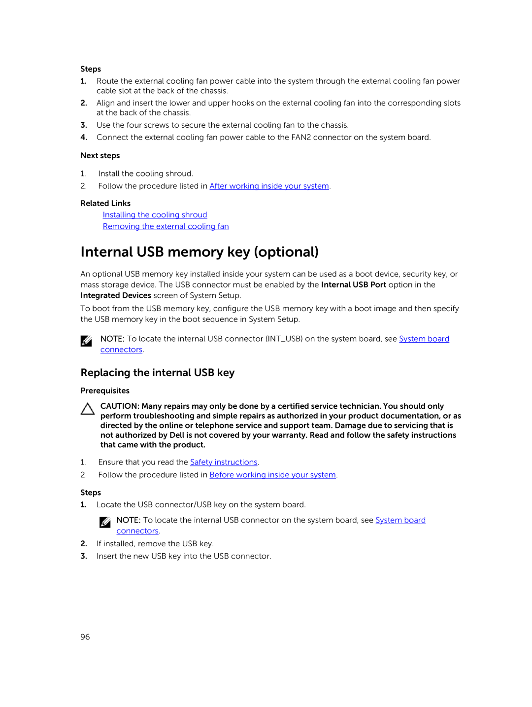 Dell E30S owner manual Internal USB memory key optional, Replacing the internal USB key 