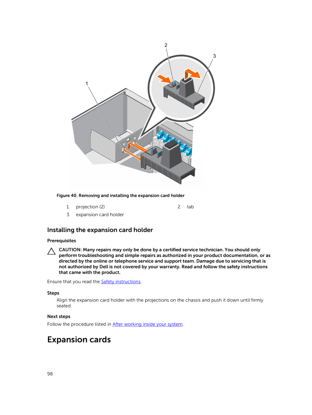 Dell E30S owner manual Expansion cards, Installing the expansion card holder 