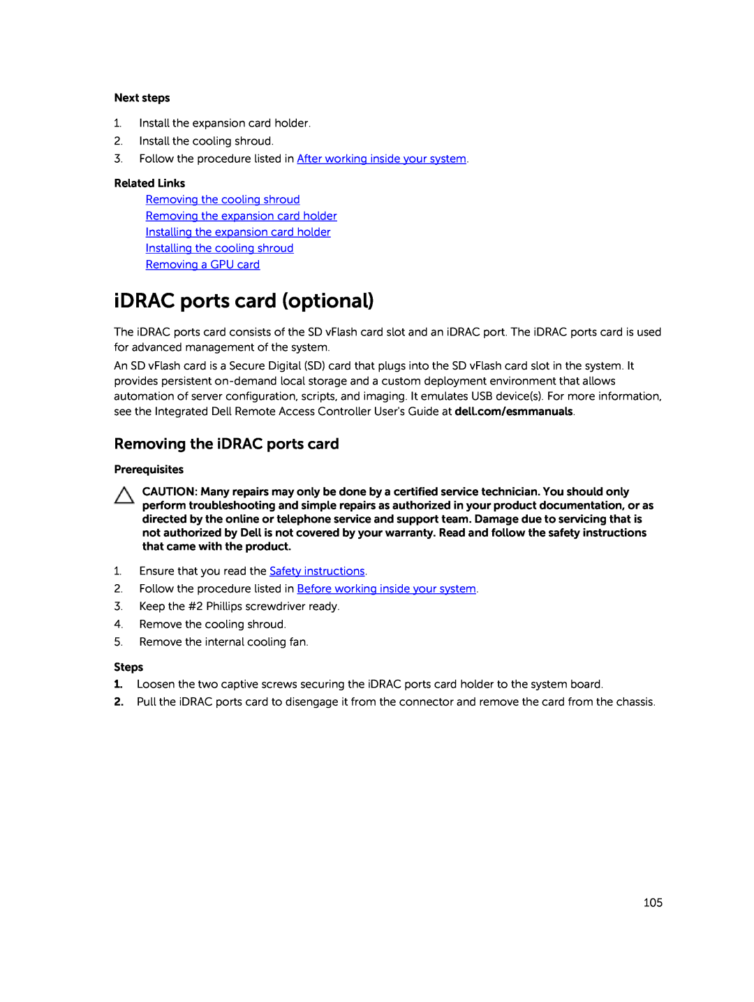 Dell E30S owner manual iDRAC ports card optional, Removing the iDRAC ports card, Removing a GPU card 