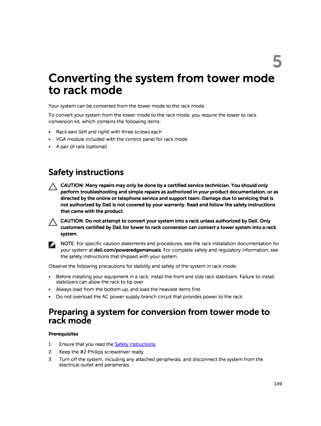 Dell E30S owner manual Converting the system from tower mode to rack mode, Safety instructions 