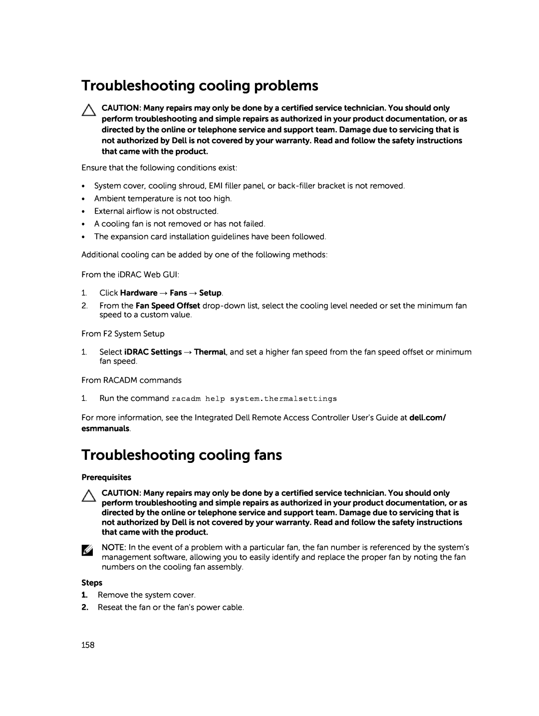 Dell E30S owner manual Troubleshooting cooling problems, Troubleshooting cooling fans 