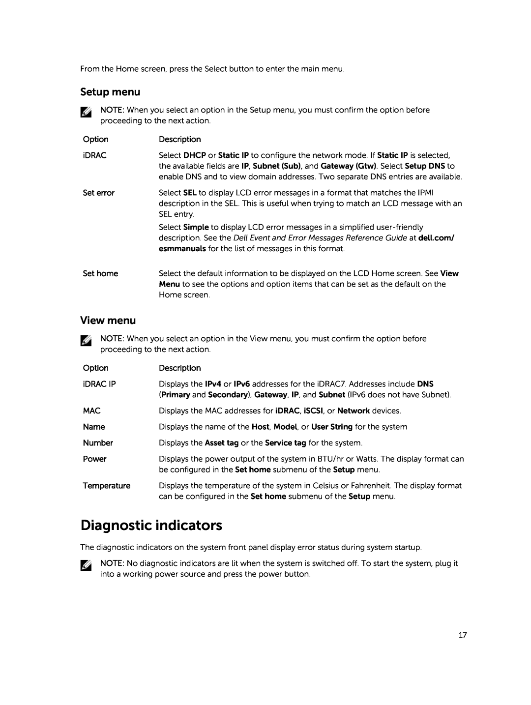 Dell E30S owner manual Diagnostic indicators, Setup menu, View menu 