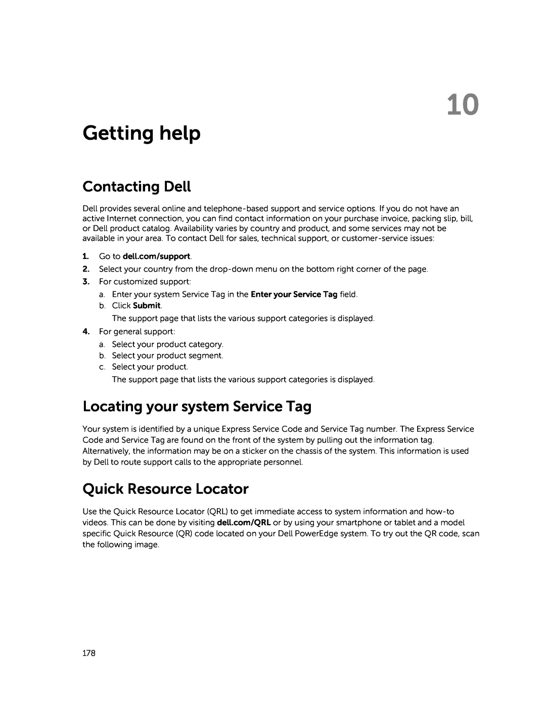 Dell E30S owner manual Getting help, Contacting Dell, Locating your system Service Tag, Quick Resource Locator 