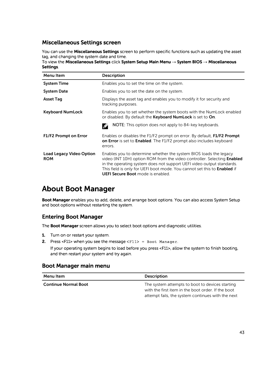 Dell E30S owner manual About Boot Manager, Miscellaneous Settings screen, Entering Boot Manager, Boot Manager main menu 