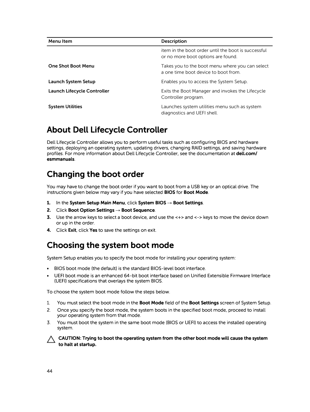 Dell E30S owner manual About Dell Lifecycle Controller, Changing the boot order, Choosing the system boot mode 
