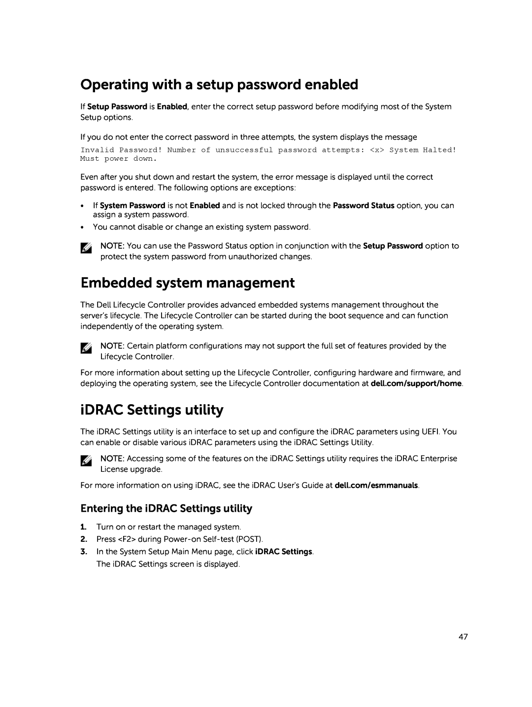 Dell E30S owner manual Operating with a setup password enabled, Embedded system management, iDRAC Settings utility 