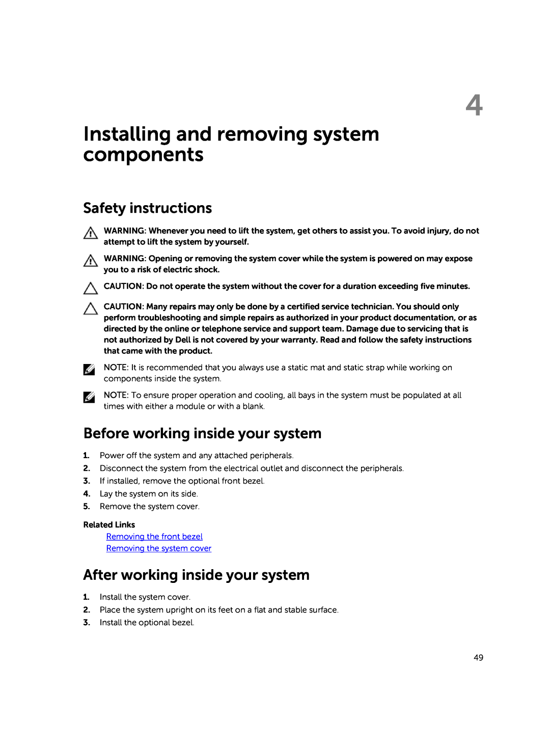 Dell E30S owner manual Installing and removing system components, Safety instructions, Before working inside your system 