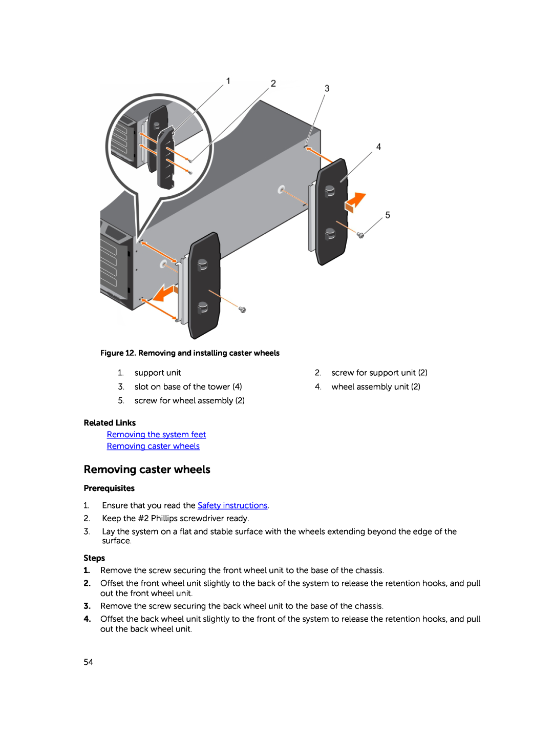 Dell E30S owner manual Removing the system feet Removing caster wheels 