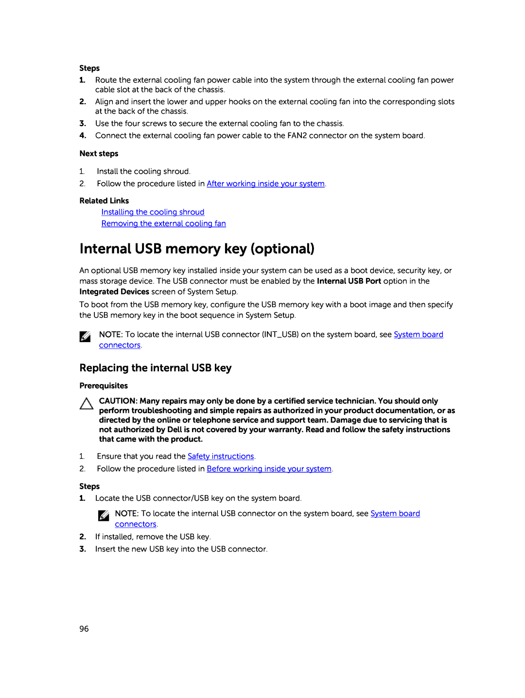 Dell E30S owner manual Internal USB memory key optional, Replacing the internal USB key, connectors 