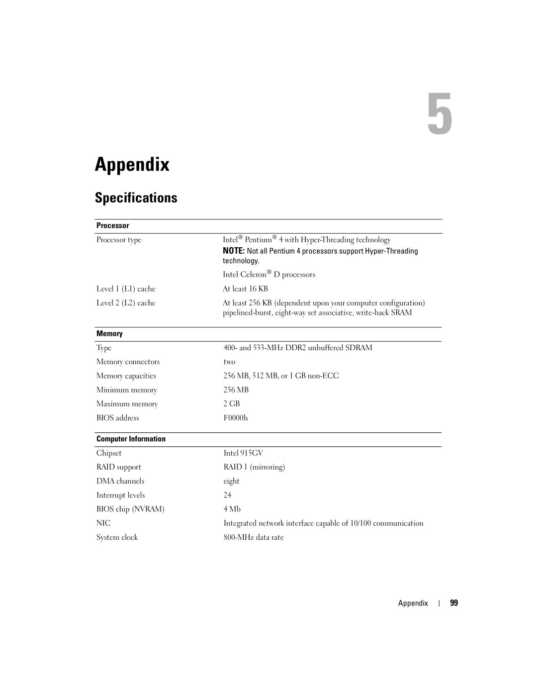 Dell 3100, E310 Specifications, Level 1 L1 cache At least 16 KB Level 2 L2 cache, System clock MHz data rate Appendix 