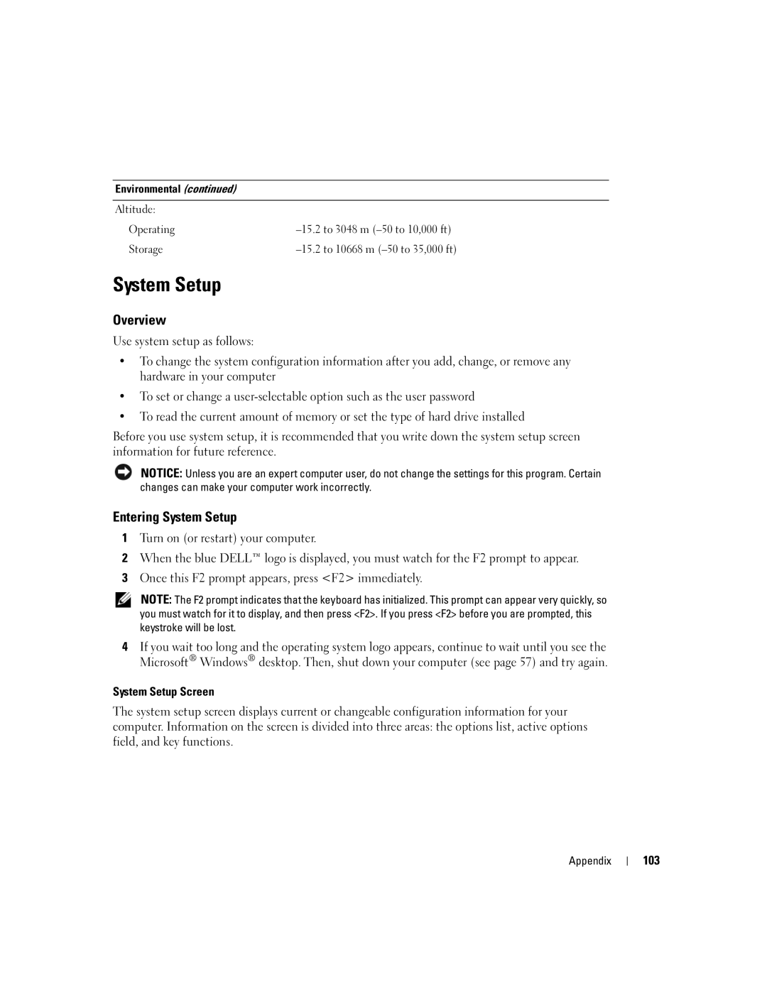 Dell 3100, E310 owner manual Overview, Entering System Setup, System Setup Screen, 103 