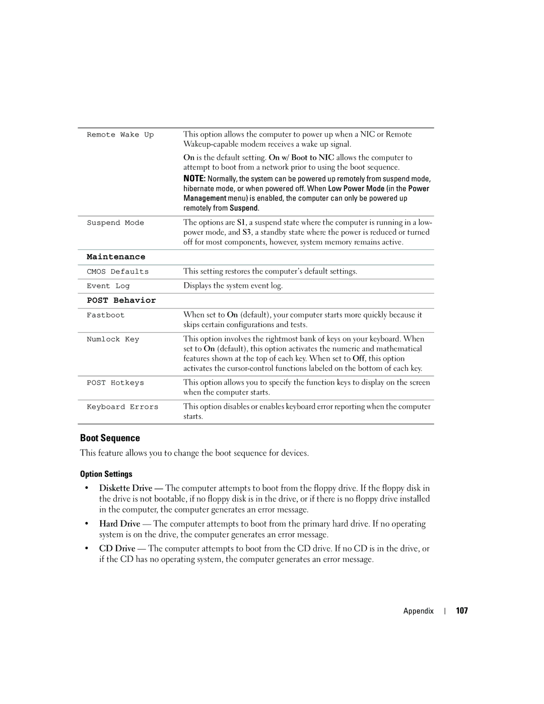 Dell 3100, E310 owner manual Boot Sequence, Option Settings, 107, Remotely from Suspend 