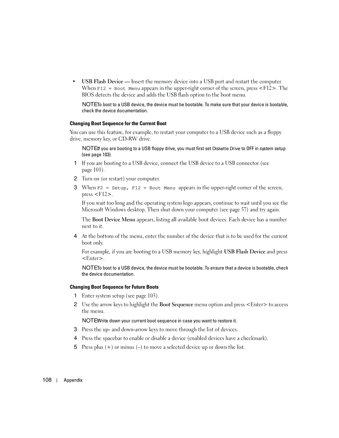 Dell E310, 3100 owner manual Changing Boot Sequence for the Current Boot, Changing Boot Sequence for Future Boots, 108 