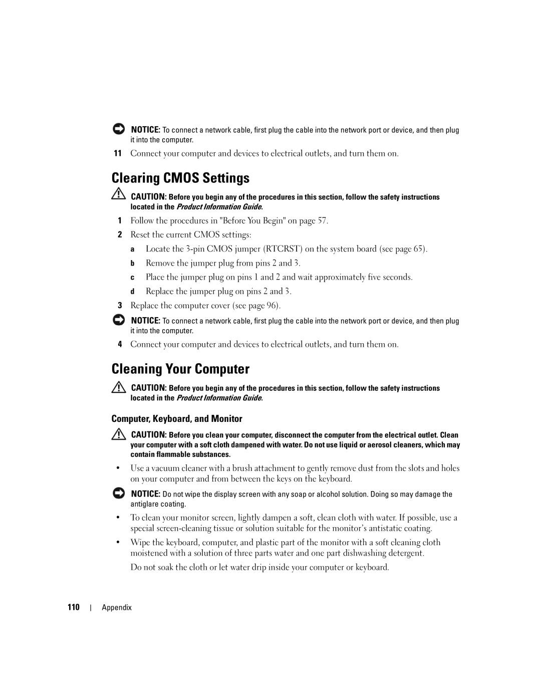 Dell E310, 3100 owner manual Clearing Cmos Settings, Cleaning Your Computer, Computer, Keyboard, and Monitor, 110 