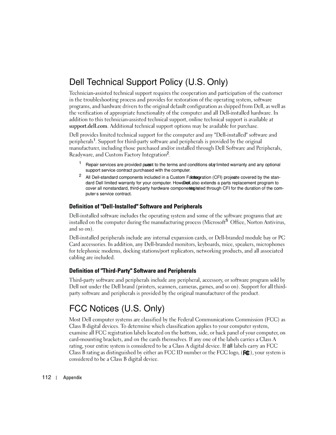 Dell E310, 3100 owner manual Dell Technical Support Policy U.S. Only, FCC Notices U.S. Only, 112 