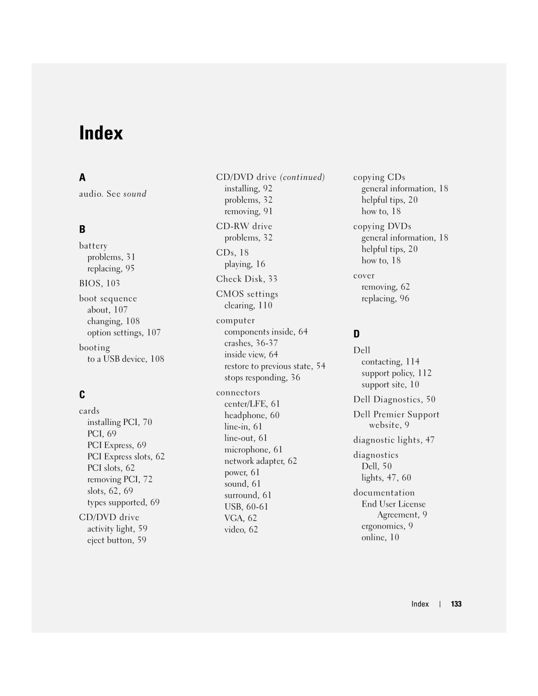 Dell 3100, E310 owner manual Index 133 