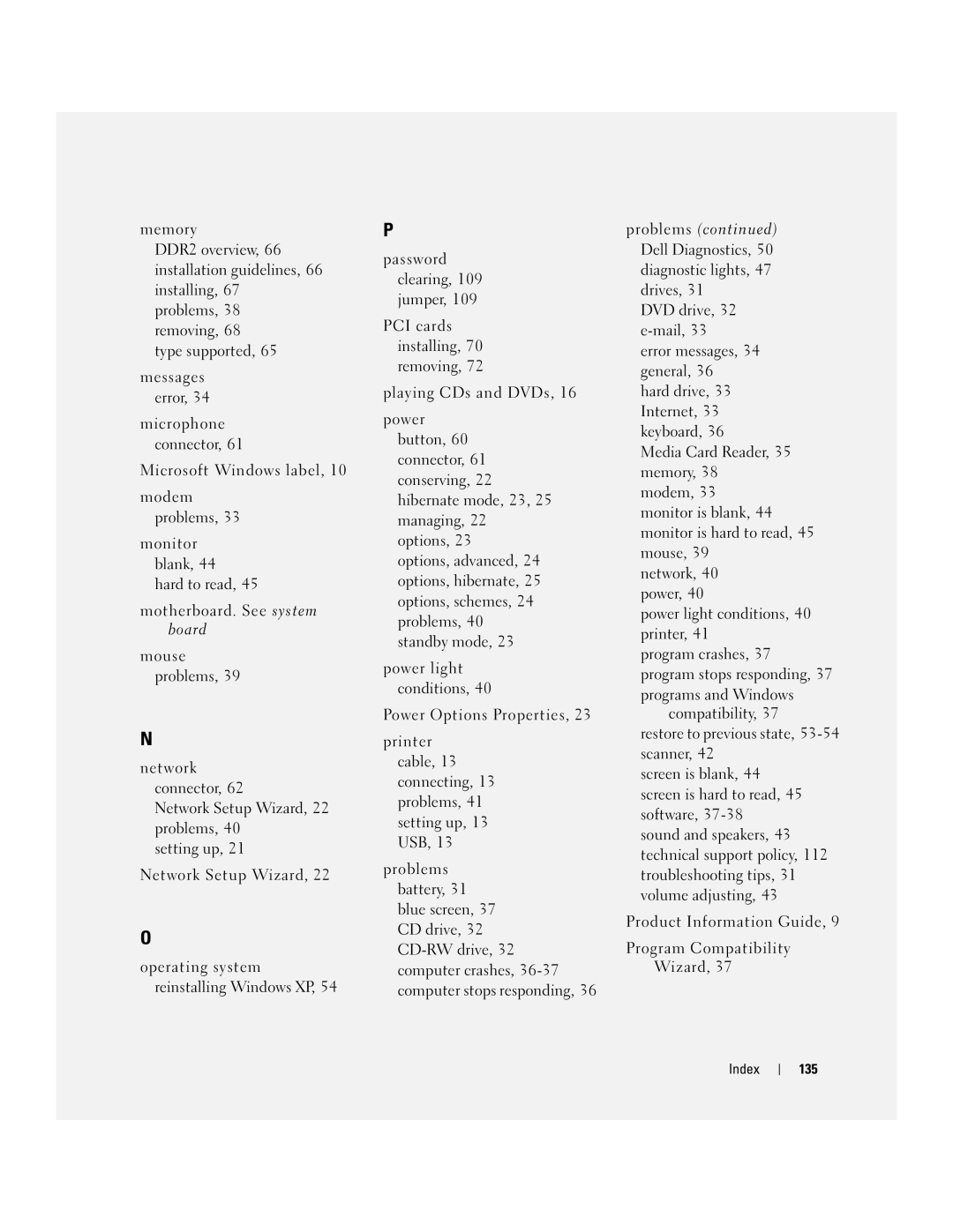 Dell 3100, E310 owner manual Index 135 