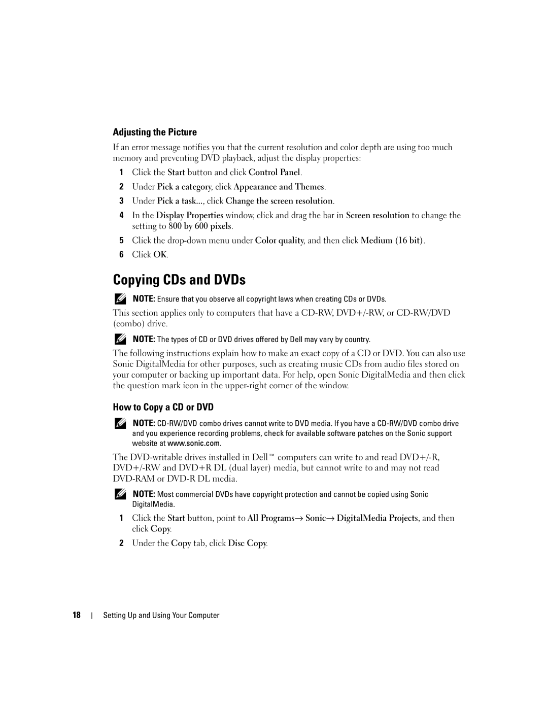 Dell E310, 3100 owner manual Copying CDs and DVDs, Adjusting the Picture, How to Copy a CD or DVD 