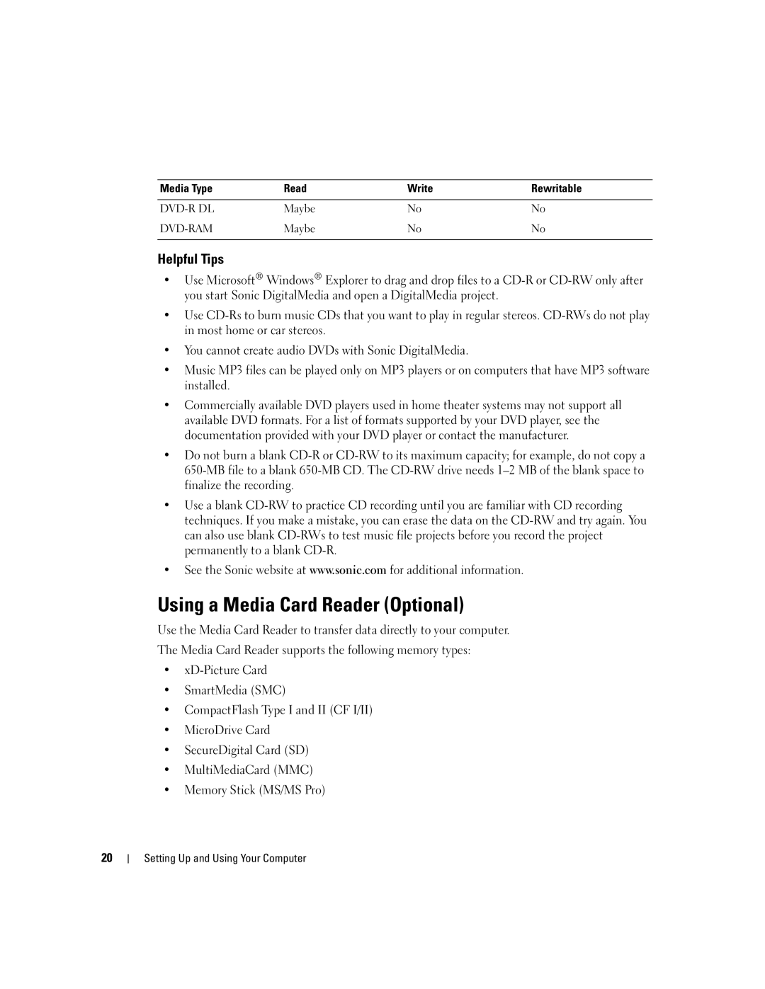 Dell E310, 3100 owner manual Using a Media Card Reader Optional, Helpful Tips 