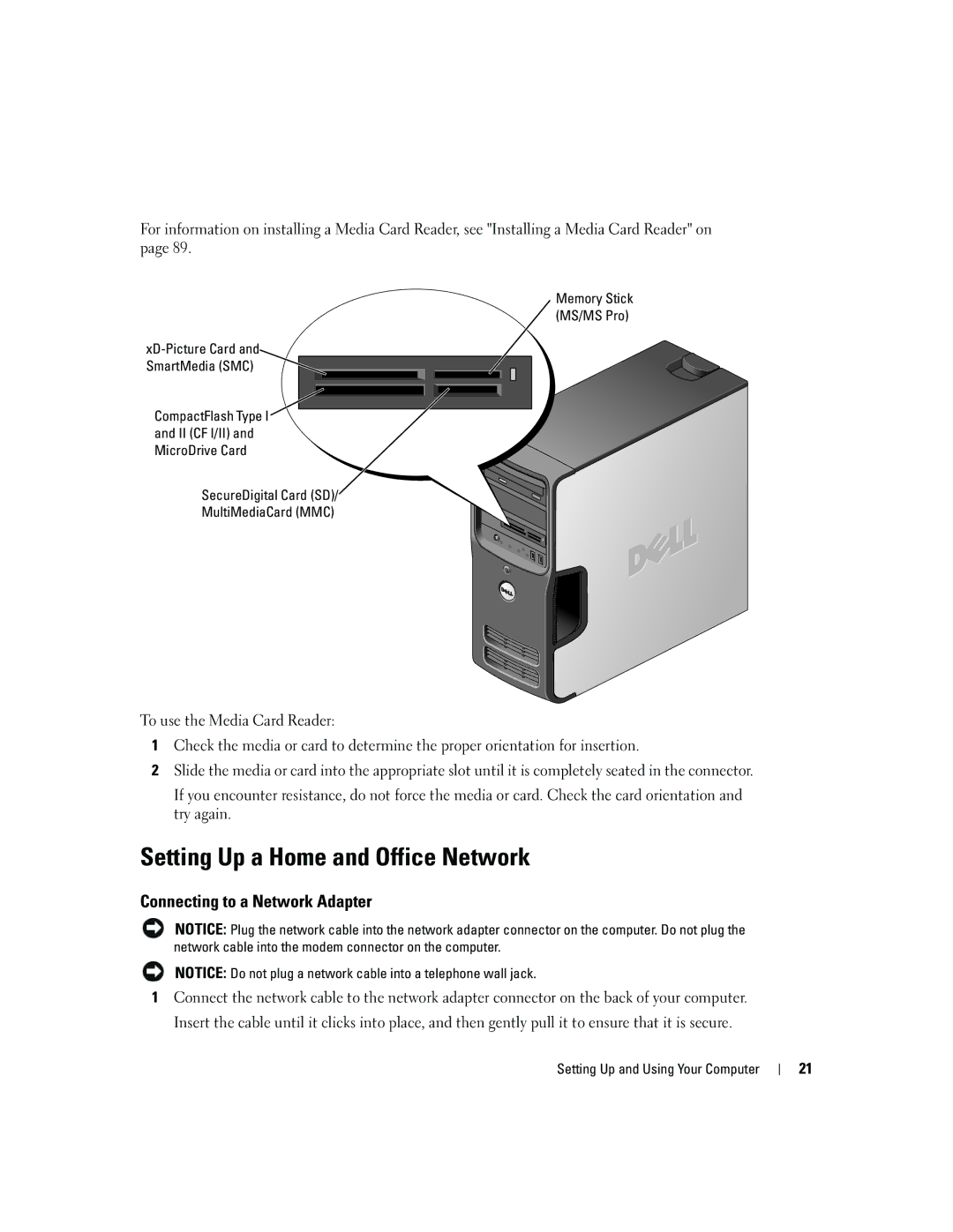 Dell 3100, E310 owner manual Setting Up a Home and Office Network, Connecting to a Network Adapter 