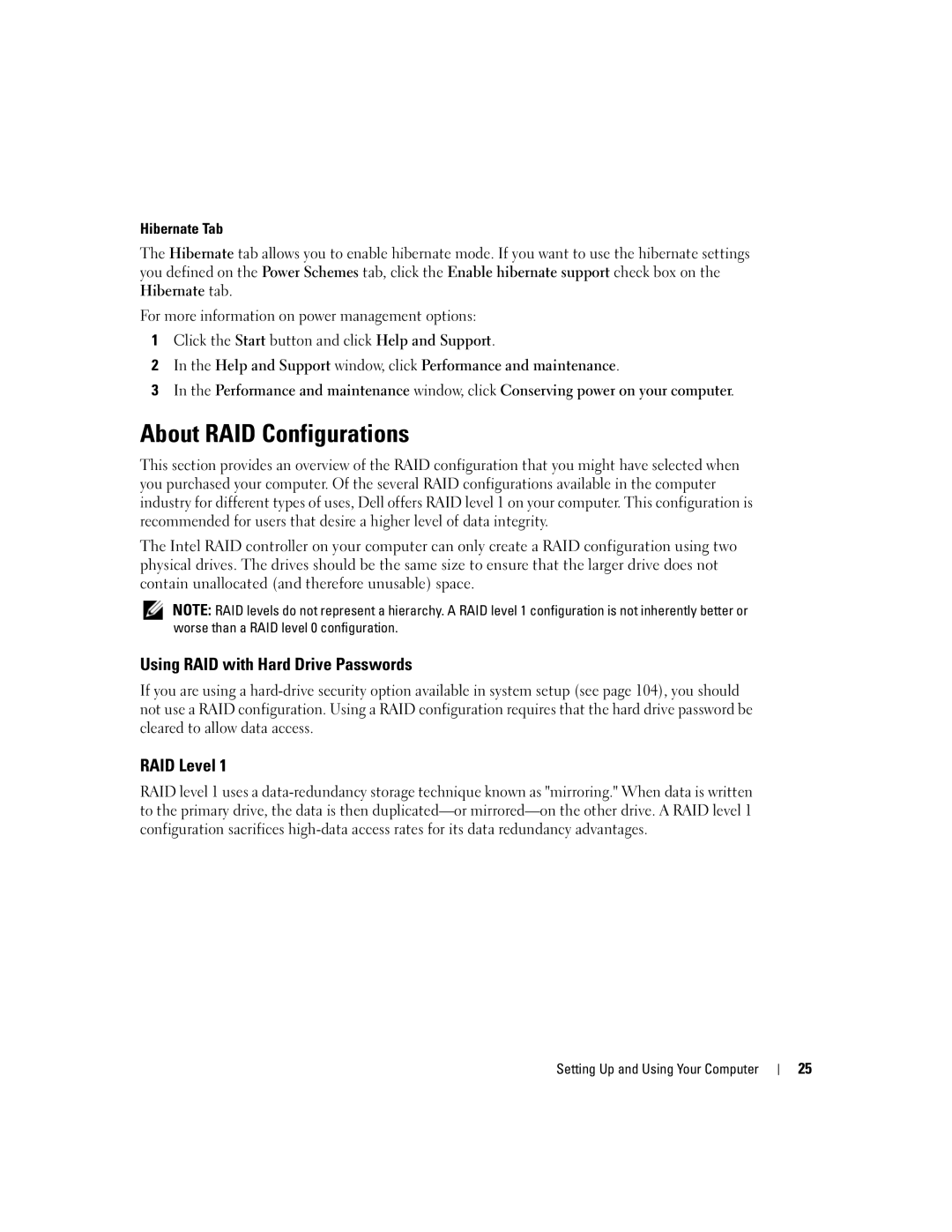 Dell 3100, E310 owner manual About RAID Configurations, Using RAID with Hard Drive Passwords, RAID Level, Hibernate Tab 