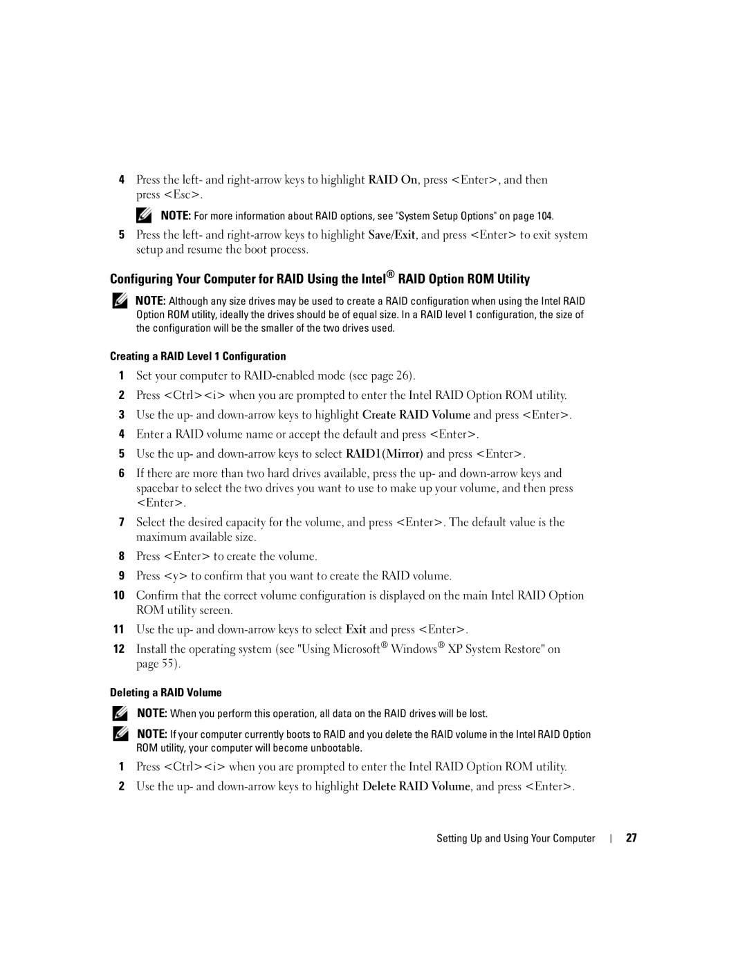 Dell 3100, E310 owner manual Creating a RAID Level 1 Configuration, Deleting a RAID Volume 