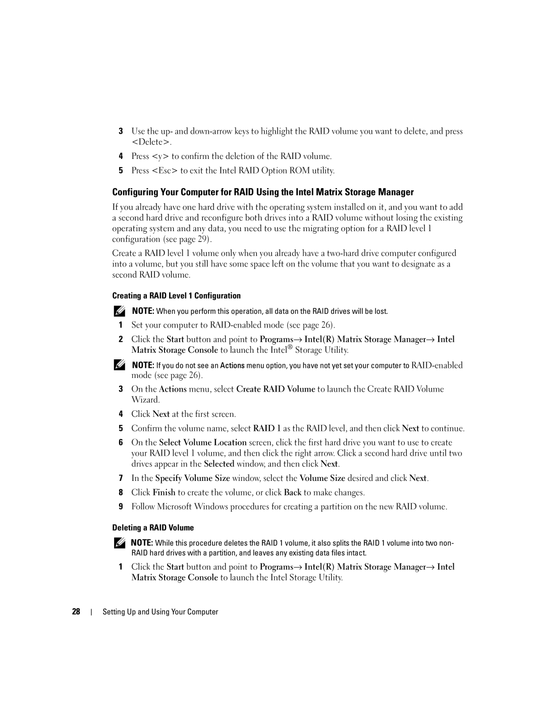 Dell E310, 3100 owner manual Creating a RAID Level 1 Configuration 