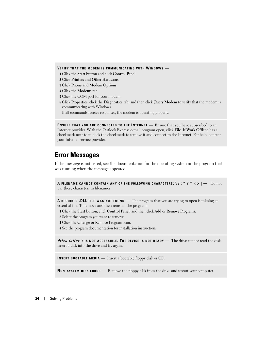 Dell E310, 3100 owner manual Error Messages, Use these characters in filenames 