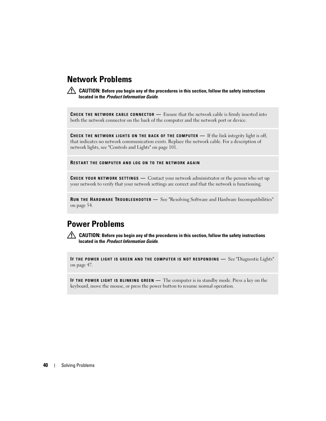 Dell E310, 3100 owner manual Network Problems, Power Problems 