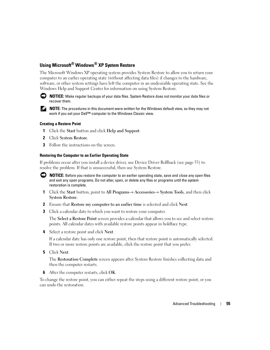 Dell 3100, E310 owner manual Using Microsoft Windows XP System Restore, Creating a Restore Point 