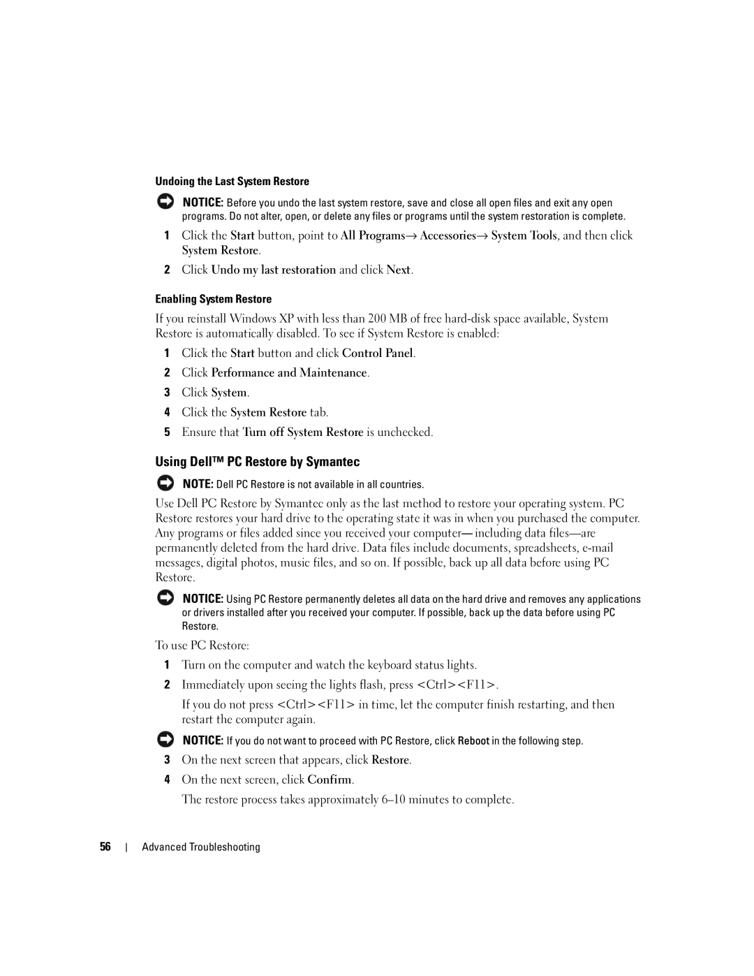 Dell E310, 3100 owner manual Using Dell PC Restore by Symantec, Undoing the Last System Restore, Enabling System Restore 