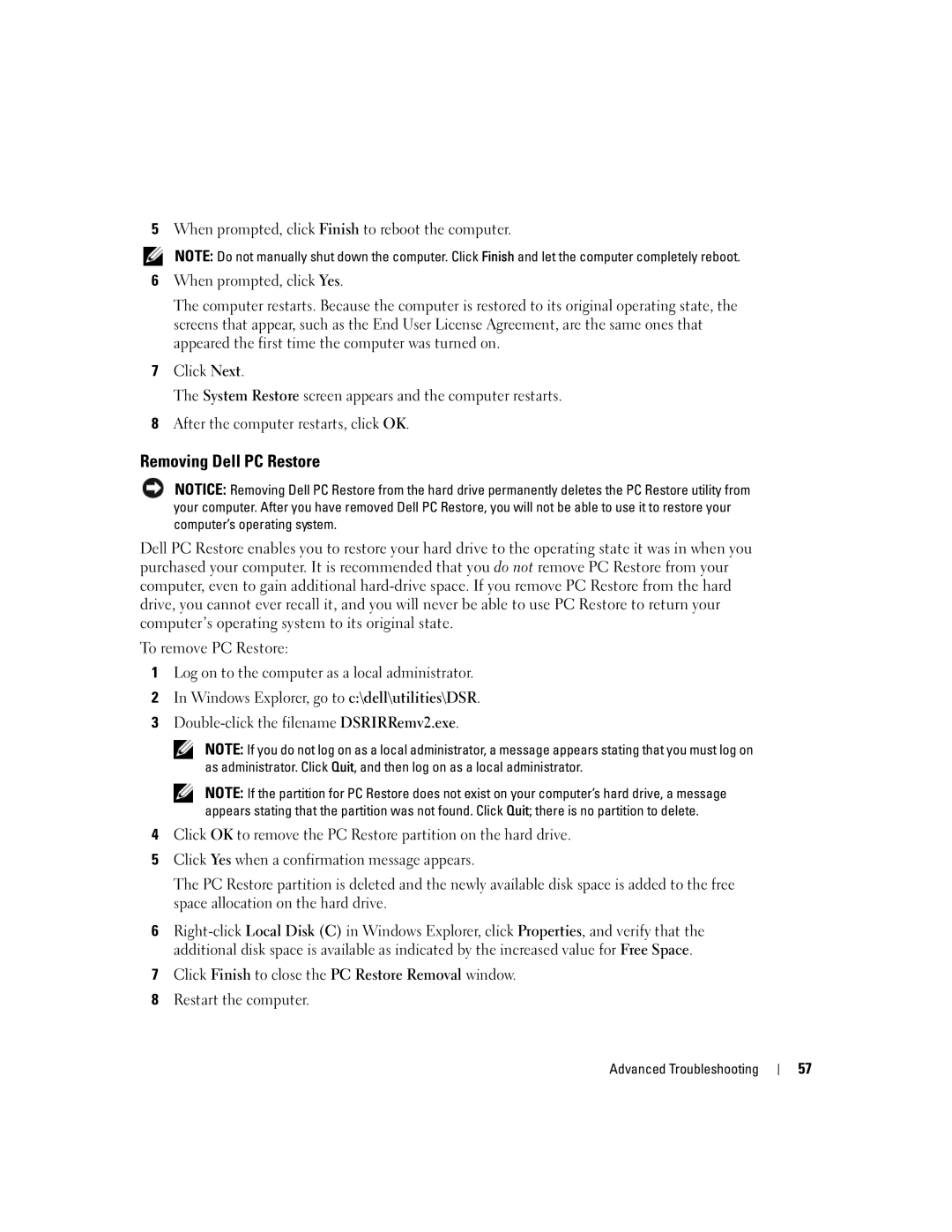 Dell 3100, E310 owner manual Removing Dell PC Restore 