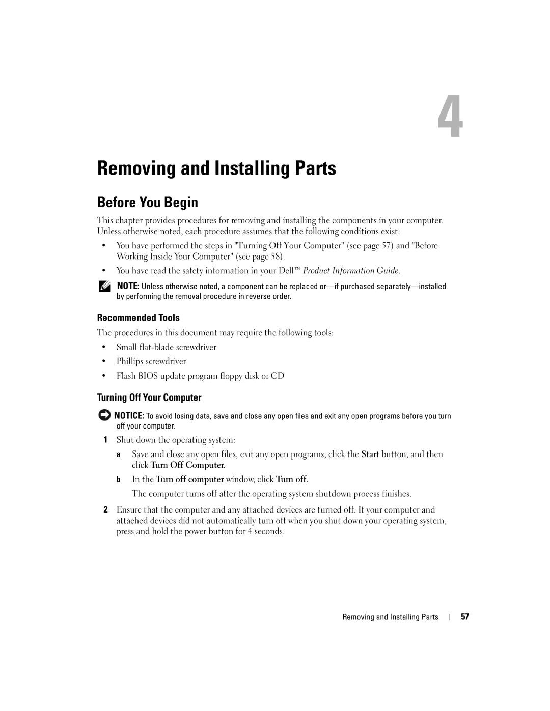 Dell 3100, E310 owner manual Before You Begin, Recommended Tools, Turning Off Your Computer, Removing and Installing Parts 