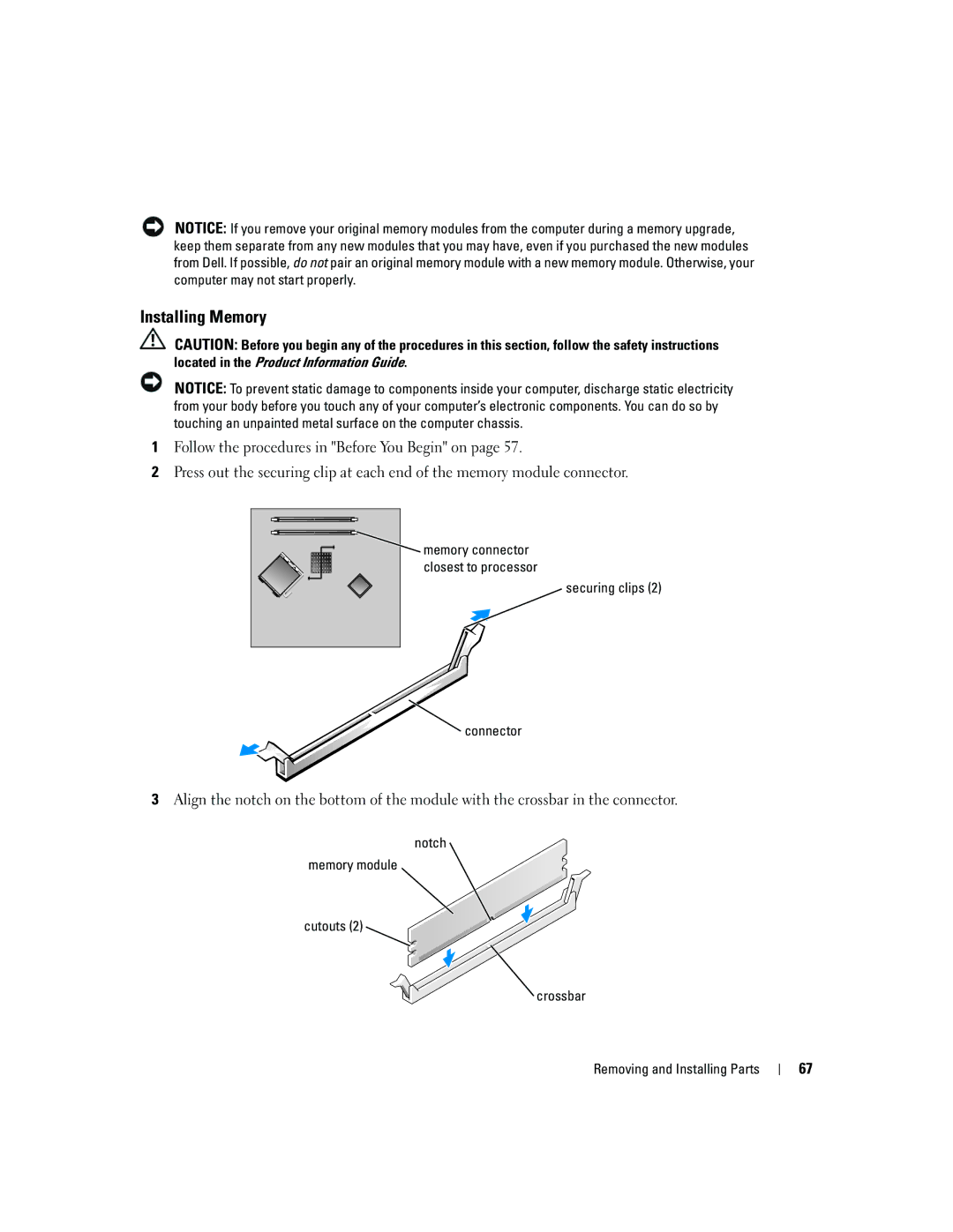 Dell 3100, E310 owner manual Installing Memory, Securing clips Connector, Notch Memory module Cutouts Crossbar 