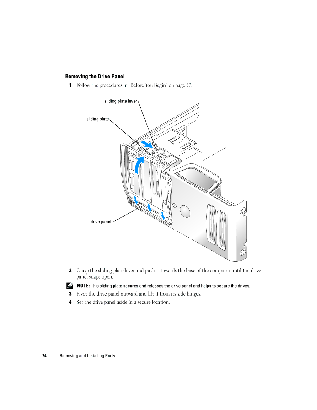 Dell E310, 3100 owner manual Removing the Drive Panel, Sliding plate lever Drive panel 