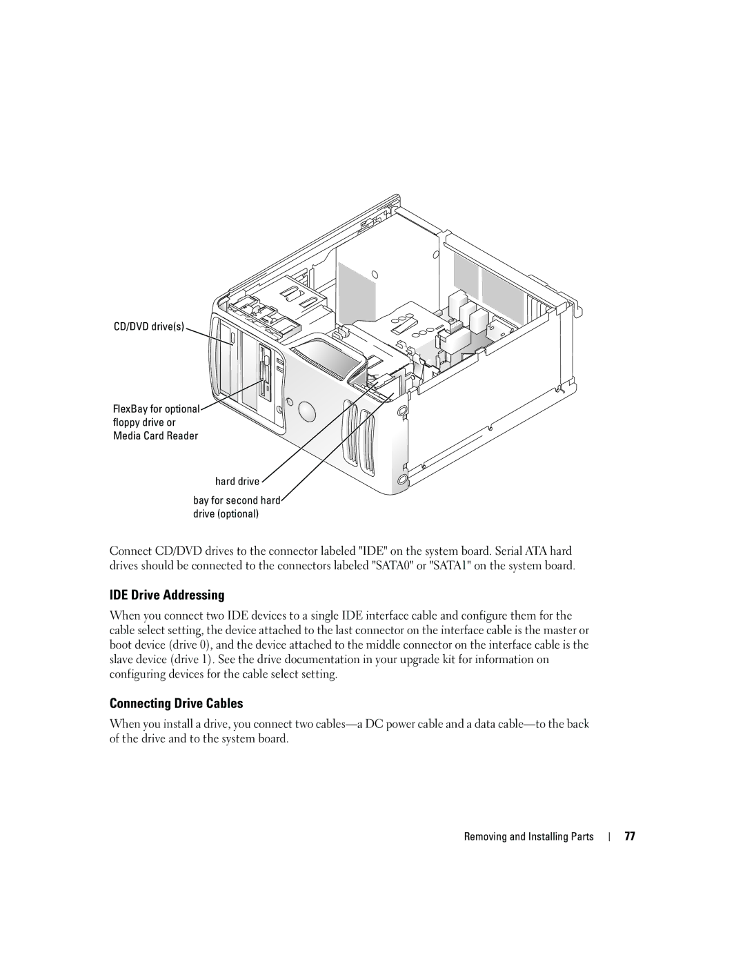 Dell 3100, E310 owner manual IDE Drive Addressing, Connecting Drive Cables, CD/DVD drives 